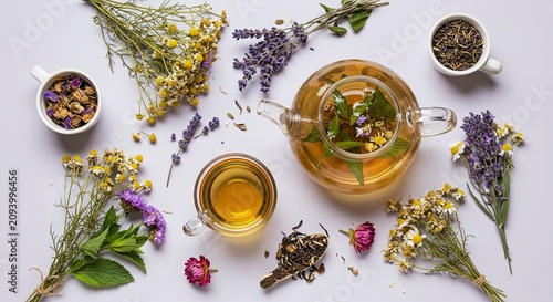 Herbal Tea Still Life: Glass Teapot, Chamomile, Lavender, and Floral Accents
