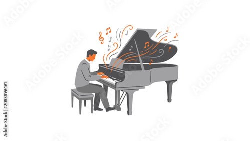 Obraz na plátně Man playing a grand piano with flowing musical notes and expressive posture