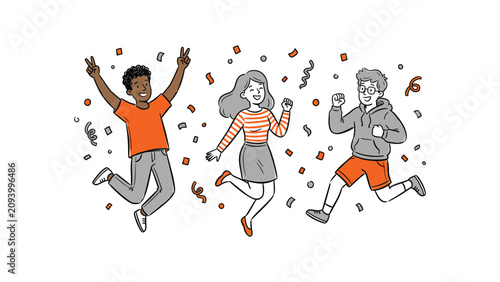 Bild auf Leinwand Three friends jumping and celebrating with confetti in joyful illustration