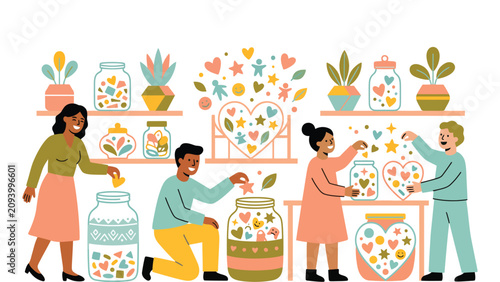 Fotografie Group of adults painting and decorating large ceramic jars together in a bright workshop