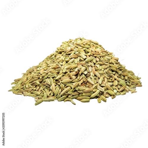 Pile of fennel seeds on a white background