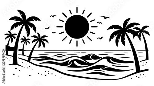 Photography Tropical Beach Silhouette: Palm Trees, Sun, Waves, and Birds Flying