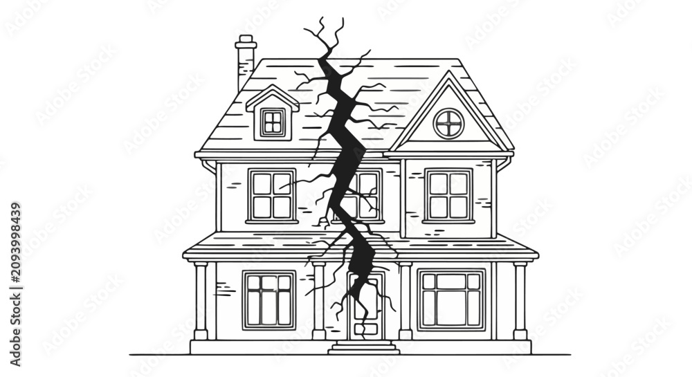 Fototapeta premium A detailed line art illustration of a residential suburban home structure suffering from a large vertical structural crack splitting the center