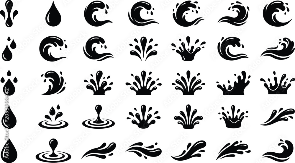 Obraz premium Black water icon set featuring dynamic ocean waves, liquid splashes, falling drops, ripple elements, and fluid fountains for modern graphic design layout templates.