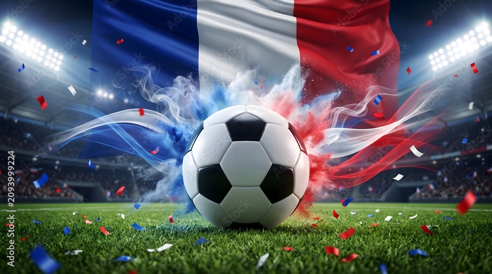 Naklejka premium France soccer victory celebration with flag, confetti and stadium lights