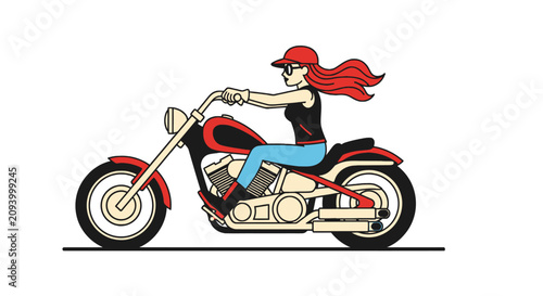 Foto Woman with flowing red hair riding a custom cruiser motorcycle