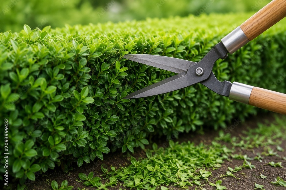Obraz premium Sharp garden shears trimming a manicured green hedge, fresh cuttings on soil.