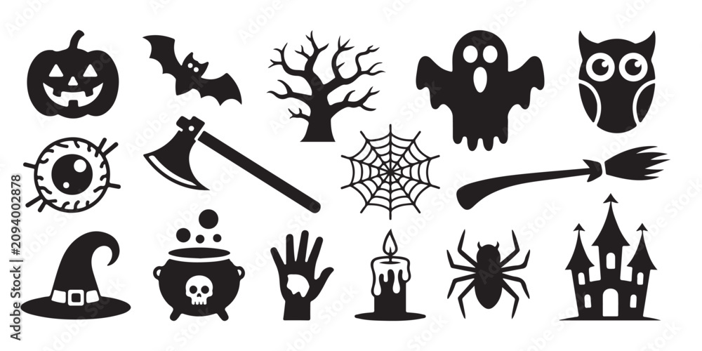 Fototapeta premium Set of halloween themed black silhouettes including pumpkin owl tree ghost eyeball axe web broom hat pot candle.
