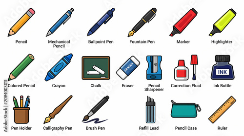 Billede på lærred A comprehensive set of illustrations showcasing different writing and drawing tools, including pencils, pens, markers, erasers, and other stationery items, each clearly labeled for easy identificatio