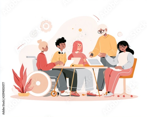 Modern flat character illustration of a diverse team with a senior mentor and wheelchair user collaborating in a supportive business meeting, representing workplace inclusion.