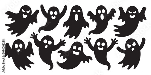 Konstfotografi Animated ghost silhouettes set featuring expressive phantom characters in motion for halloween graphic designs