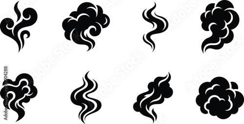 Fotografie Smoke and steam icon set featuring cloud, vapor, and swirl shapes in black silho