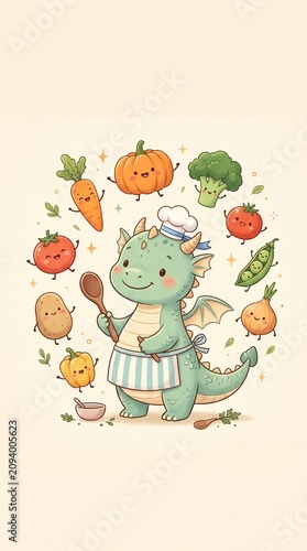 Adorable green dragon chef wearing a hat and apron surrounded by happy cartoon vegetables in a kawaii illustration style