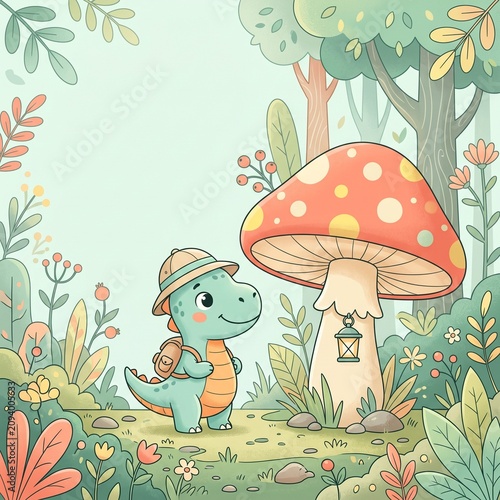 Cute cartoon dinosaur explorer standing by a giant mushroom in a whimsical forest illustration