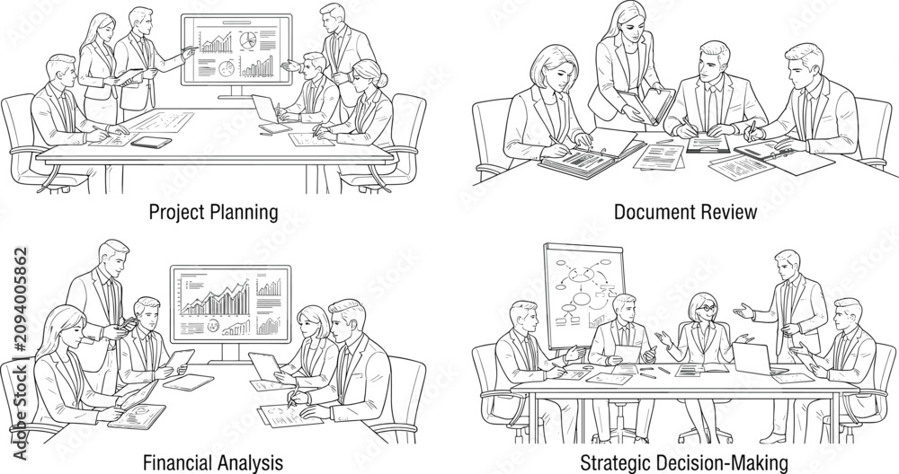 Obraz premium Business Meeting Outline Vector Set with Team Collaboration and Office Conference Illustrations