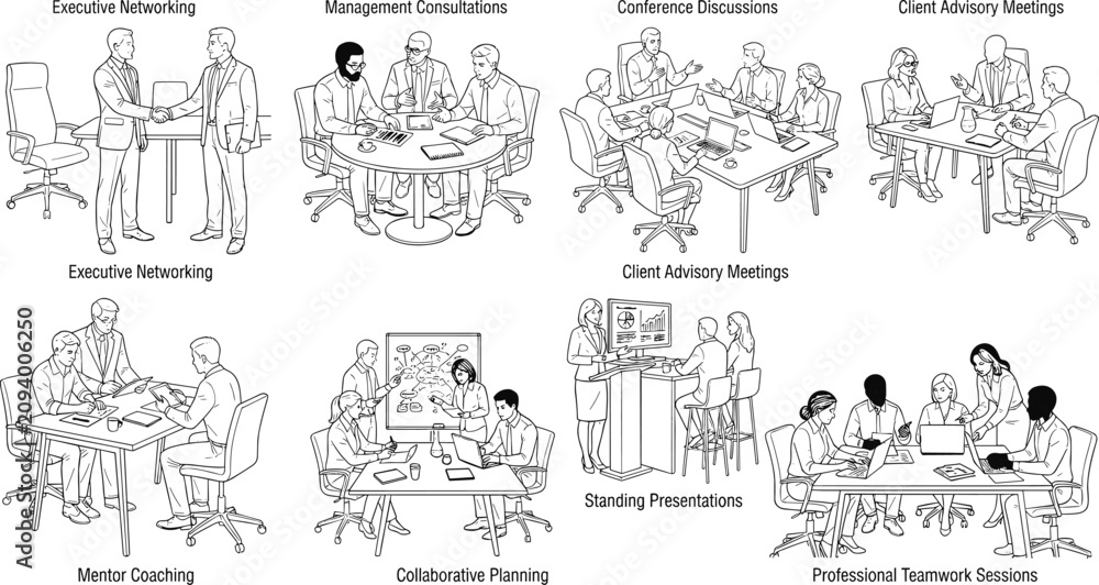 Obraz premium Business Meeting Outline Vector Collection Professional Teamwork Conference Line Art Illustration Set