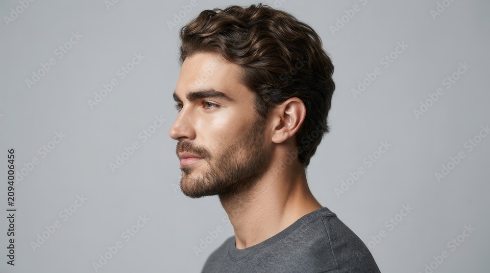Fototapeta premium Portrait of a young caucasian male featuring a well-groomed beard and side profile.
