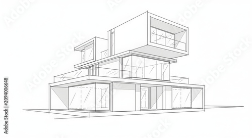 Modern modular house architectural line drawing showcasing sharp geometric perspective with stark minimalist structural contrast and raw edge design