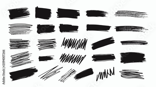 Black highlighter brush stroke lines set for underline banners, dry paint marker stripes, rough grunge ink smears and bold hand drawn highlight elements, Grunge paint lines
