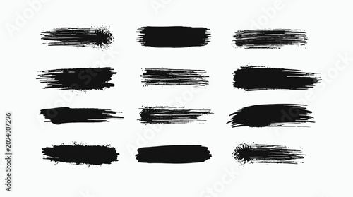 Black highlighter brush stroke lines set for underline banners, dry paint marker stripes, rough grunge ink smears and bold hand drawn highlight elements, Grunge paint lines
