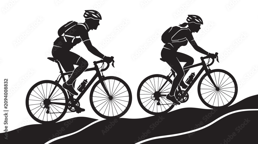 Obraz premium Silhouette of a Man and Woman Riding Road Bikes Up a Steep Hill for Fitness and Outdoor Exercise