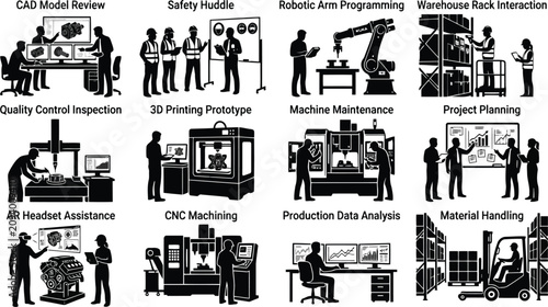 Obraz na płótnie Industrial production and engineering workflow set showing workers using advance