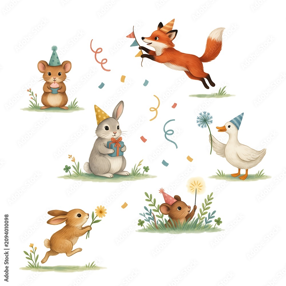 Naklejka premium Cute forest animals wearing party hats celebrating with gifts and decorations on white background