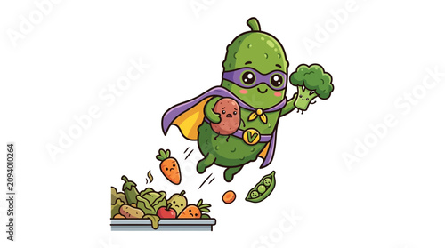 Foto Superhero Pickle Flies with Broccoli and Potato, Saving Vegetables
