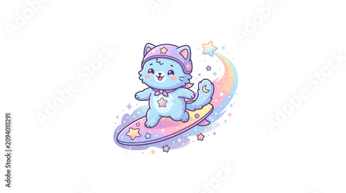 Sticker Cute blue cat surfing on a rainbow wave with stars, kawaii illustration