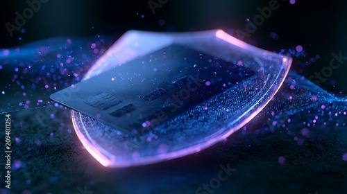 A futuristic credit card protected by a glowing holographic security shield, floating blue and purple particles,
