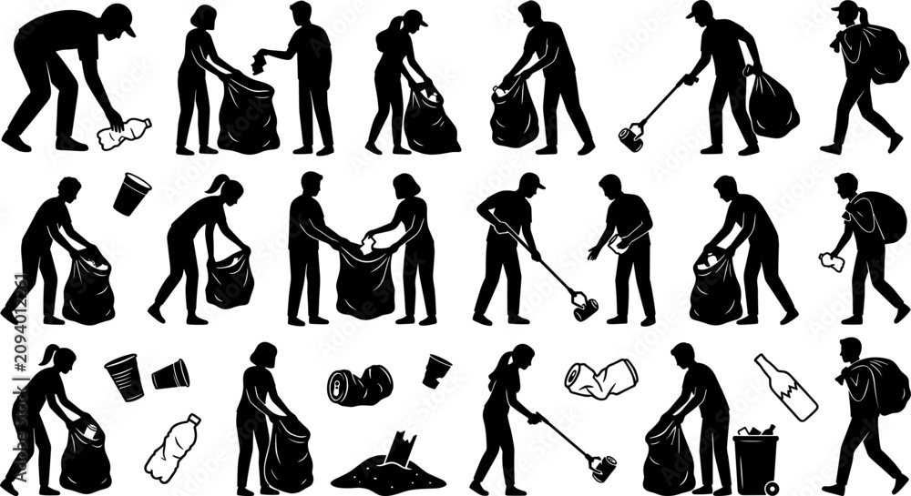 Obraz premium Garbage Cleanup and Environmental Volunteering Icon Set with People Collecting Trash, Waste Bags, Plastic Bottles, and Community Service Silhouettes for Ecology Media Designs