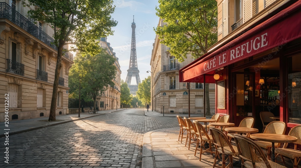 Fototapeta premium Scenic view of Paris street vendors and cafes with the Eiffel Tower at sunrise.