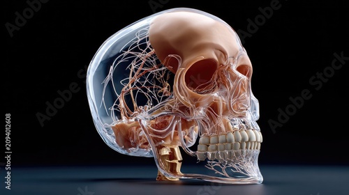 Human Skull Anatomy Illustration: A detailed anatomical illustration of a human skull, showcasing the intricate network of nerves and brain structures within, against a dark, dramatic background.