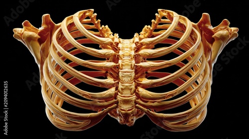 Human Ribcage Anatomy: A detailed anatomical illustration of a human ribcage, showcasing the complex structure of bones protecting the vital organs.