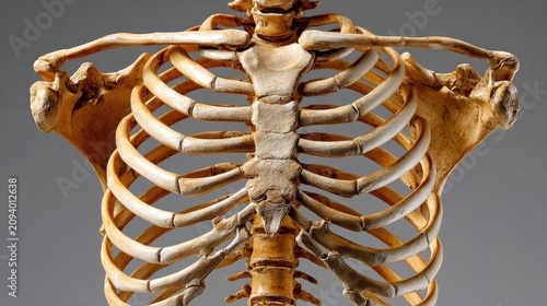 Human Rib Cage Anatomy: A detailed view of the upper human rib cage, showcasing the intricate structure of the ribs, sternum, and thoracic vertebrae.