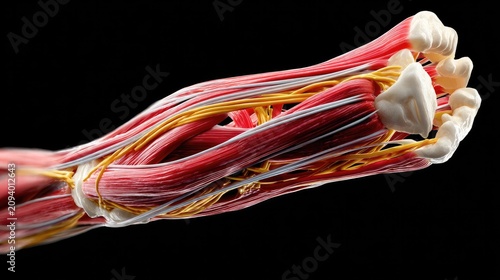 Anatomical Arm Structure: A detailed, realistic 3D render showcases the intricate musculature, nerves, and bone structure of a human forearm.