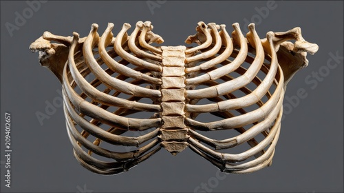 Human Rib Cage Anatomy: A detailed anatomical representation of the human rib cage, showcasing the intricate structure of bones that protect vital organs.