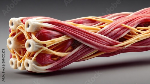 Anatomical Model of Musculature: A detailed, close-up view of an anatomical model showcasing the complex structure of muscle fibers and connective tissue.