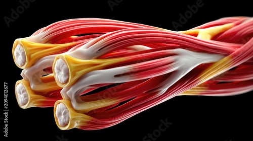 Anatomy of Human Muscle Fibers: A detailed 3D render showcasing the intricate structure of human muscle fibers, highlighting the red muscle tissue, yellow fascia, and white connective tendons.