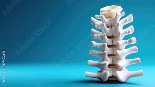 Spinal Column Model: A detailed anatomical model of a human spinal column, showcasing the vertebrae and intervertebral discs, set against a clean blue background.