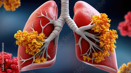 Human Lungs with Cancerous Growth: A striking medical illustration depicting human lungs affected by cancerous tumors, with vibrant orange and red growths obscuring healthy tissue.