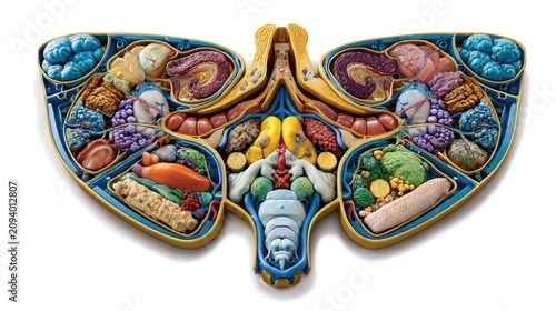 Creative Food Brain Art: An artistic arrangement of various colorful foods, resembling a human brain, symbolizing the connection between nutrition and cognitive function.