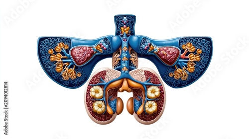 Diagram of Human Kidneys: A detailed anatomical illustration showcasing the complex structure of human kidneys, including the adrenal glands, ureters, and internal cross-sections.