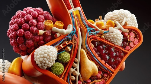 Cross-section of Organ: A detailed, abstract representation of an organ's internal structure, showcasing vibrant red, white, and orange elements, possibly depicting cells or tissue with an intriguing.