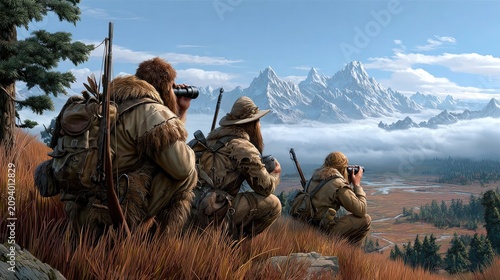 Ancient Hunters Observing a Pristine Landscape: Three intrepid hunters, clad in primitive attire and equipped with bows and arrows.