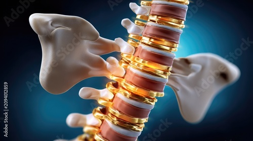 Spinal Column Anatomy: A detailed, glowing 3D rendering of the human spinal column, highlighting the vertebrae, intervertebral discs, and the intricate structure of the spine, set against a deep blue.