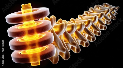 Human Spine Anatomy: A detailed 3D rendering of the human spine, showcasing the cervical and thoracic vertebrae with a glowing emphasis on the spinal discs, highlighting spinal health and anatomy.