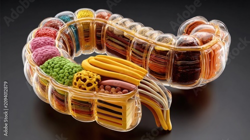 Digestive System Model: A colorful and detailed model representing the human digestive system, showcasing various organs and their intricate structures in a vibrant, artistic display.