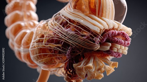 Intricate Intestine Model: A detailed, abstract model representing the human large intestine, showcasing its complex structure and internal tissues with vibrant colors.