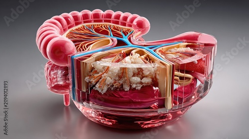 Intricate Anatomy: A detailed 3D rendering showcases the cross-section of the human colon, revealing its complex internal structure, including the musculature, blood vessels, and intestinal contents.